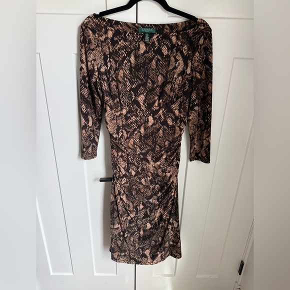 Ralph Lauren Dresses & Skirts - Ralph Lauren Brown and Black Snake Print Sheath Dress with side ruching. Size 8.